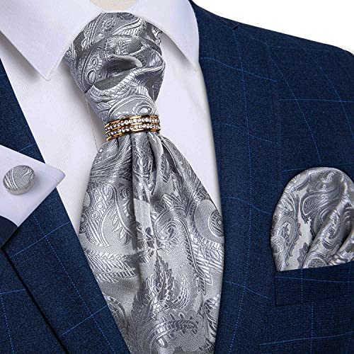 Image of DiBanGu Silk Woven Ascot Cravat with Pocket Square Set for Men | Paisley Ascot,Wrinkle-Resistant,Silky Smooth,Easy to Match,Cufflinks,Tie Ring,Wedding,Ceremonies,Party Occasions,Banquet