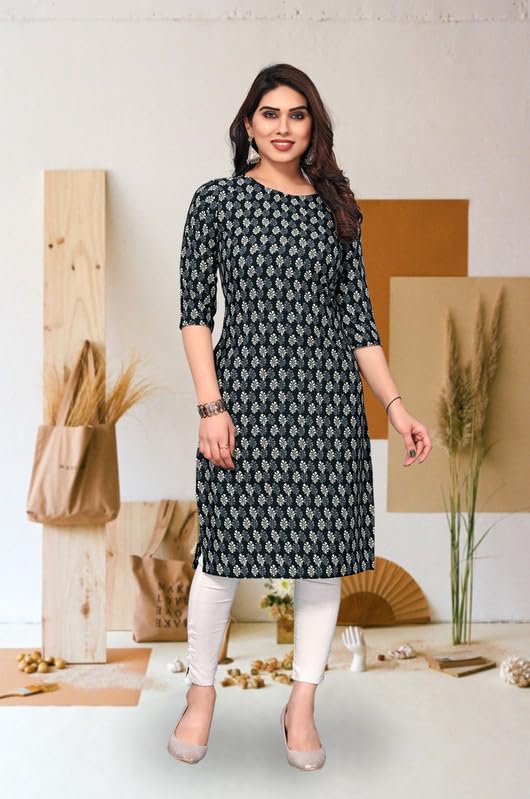 Image of JAKHANA Women's Crepe Printed Casual Straight Calf Length Round Nick Kurta Pack of 4