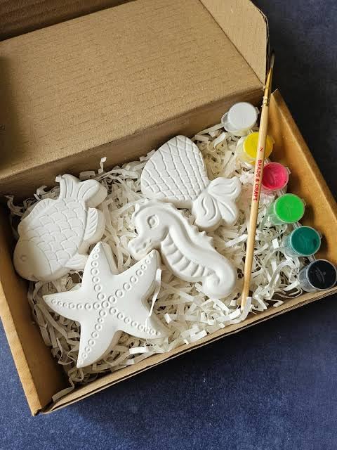 Image of Meenas DIY Kids Plaster Painting Kit - Paint Your Own 3D Figurines with Acrylic Colours & Brush | Perfect Birthday and Farewell Gift, Creative Art & Craft Activity Gift for Kids 2+ (Ocean)