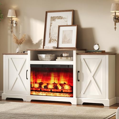 Image of AMERLIFE 70 inch Farmhouse Fireplace TV Stand with Storage for TVs up to 80 inch | Entertainment Center with 29 inch Electric Fireplace, Media Console with 2 Cabinets & Adjustable Shelf, White