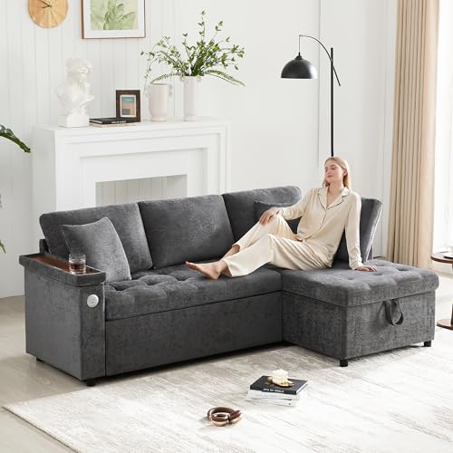 Vepssder Sofá esquinero en L con puerto USB y tipo C, sofá cama nido con función de dormir, sofá convertible de 3 plazas con espacio de almacenamiento y reposabrazos, reposabrazos, cojines, chenille