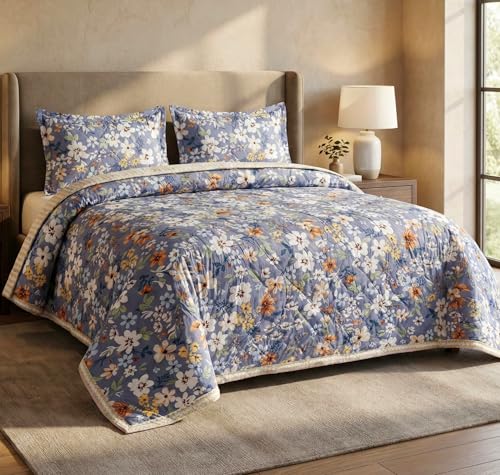 Image of BSB HOME All-Weather Embroidered Ultrasonic Quilted Thread Free 3 Pcs Comforter Set with Pillow Shams- Light Weight Bedspread /Duvet /Quilt - Double, 150 GSM | Sky Blue & White