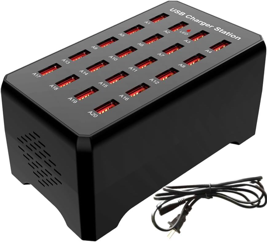20-Port Black USB Charging Station,100W/20A Multi-Port USB Hub, Suitable for Smartphones, Tablets, and Other USB Devices.