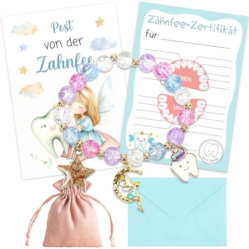 HUKUMA Juego de regalo de hada de los dientes, pulsera con certificado de dientes y tarjeta, pulsera de perlas de hada de los dientes, colorida, sorpresa, regalo para niñas, para cumpleaños, bautizo