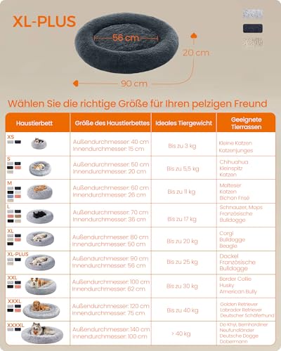 Feandrea Hundebett flauschig, Katzenbett, Donut Kissen, waschbar, Polsterung in der Mitte herausnehmbar, Langer Plüsch, 90 cm Durchmesser, dunkelgrau PGW041G02