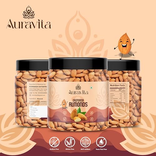 Image of Auravita California Almonds 100gm | Crunchy & Healthy Dry Fruit, Premium Badam Giti for Daily Nutrition | Healthy Diet Snacking Resealable Jar Pack
