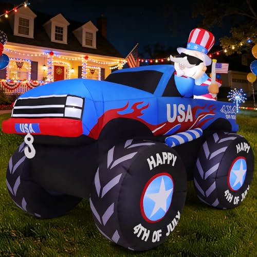 GOOSH 8 FT Long 4th of July Inflatables Monster Truck Decorations Blow Up Patriotic Independence Day Memorial Day with Uncle Sam with Built-in LEDs for Garden Lawn Indoor Party Decor