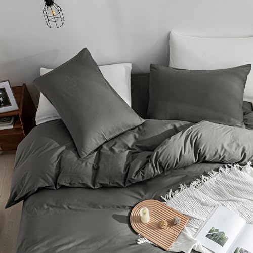 Image of JELLYMONI Gray Duvet Cover Full Size - 100% Washed Cotton Linen Like Textured Comforter Cover, 3 Pieces Breathable Soft Bedding Set with Zipper Closure (Dark Gray, Full 80 inchx90 inch)