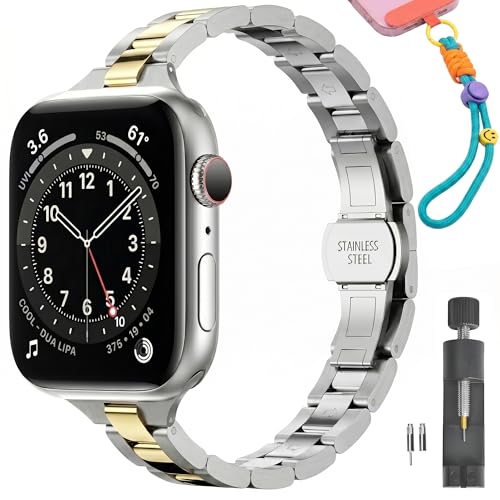 Image of Slim Stainless Band for Apple Watch Series 11-1 /SE, Ultra 3-1 | Compatible with 49 /46 /45 /44 /42 /41 /40 /38mm, Jewelry Office Dressy Metal iWatch Strap for Women, Lightweight Two-tone Bracelet