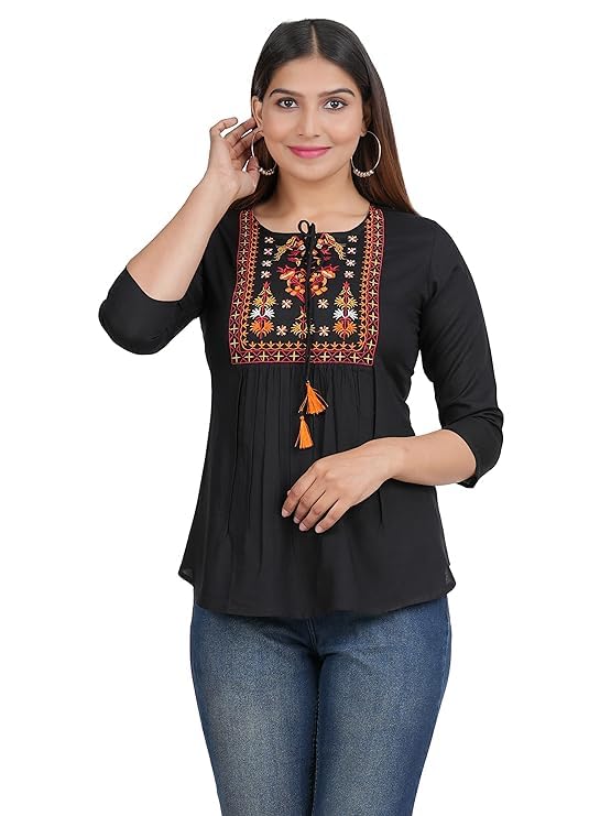 Image of Avayayat Short Kurti for Women | Embroidered Straight Rayon Kurta | Round Neck Full Sleeves Short Kurti for Women's