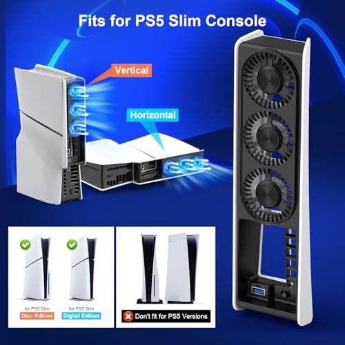 Image of Cooling Fan for PS5 Slim Console, Auto Power On /Off Cooler Fan Accessorie with 2 Speed Fans USB 3.0 Port for PlayStation 5 Slim Digital & Discs Edition(Not for PS5 /PS5 Pro)