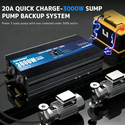Image of Cantonape 3000W Sump Pump Backup Battery System, Automatic Switching to Battery Inverter Power, Professional Backup System in Case of Power Failure, Pure Sine Wave Output