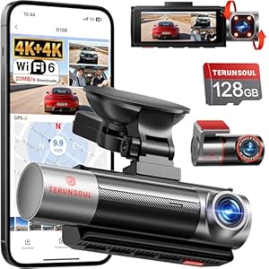 Cámara de tablero de 3 canales 4K+4K+1080P delantera y trasera con cabina, tarjeta gratuita de 128 GB incluida, WiFi de 5.8 GHz: hasta 20 MB/s, visión nocturna IR, GPS integrado, sensor G