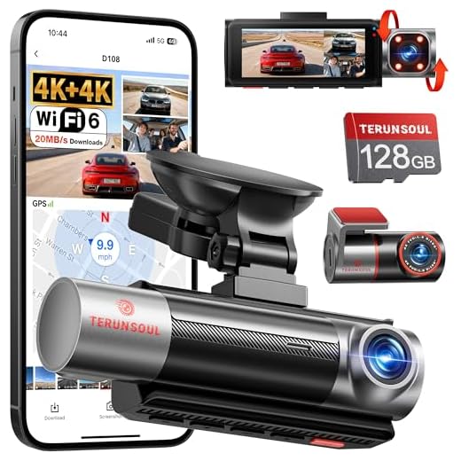 TERUNSOUl 4K+4K+1080P 3 Channel Dash Cam Front and Rear with Cabin, Free 128GB Card Included, 5.8GHz WIFI6 - up to 20MB/s, IR Night Vision, Built-in GPS, G-Sensor, 24H Parking Mode, Support 512GB Max