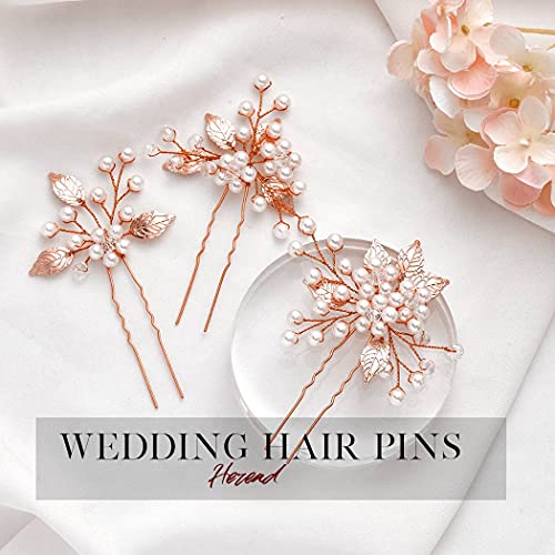 Heread Pearl Bride Wedding Hair Pins Leaf Bridal Head Piece Flower Hair Accessories For Women And Girls (Pack Of 3) (Rose Gold) #TOP3