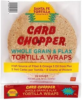 Santa Fe Tortilla Company Carb Chopper 9in Keto-Friendly Low-Carb Tortilla Wraps (22ct) - 5 Net Carbs, 100 Calories, 8g Fiber & Protein, 100% Whole Grain & Flax, Vegan, Heart-Healthy, No Trans Fats, Aluminum-Free, Kosher Certified, USA Made, Resealable Freshness