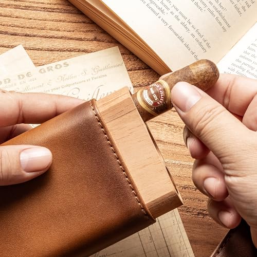 Woodronic Cigar Case, Premium Brown Genuine Leather Cigar Travel Case with Spanish Cedar Wood Lined, Portable Cigar Humidor, Cigar Accessories Gift for Men (Holds 3 Cigars)