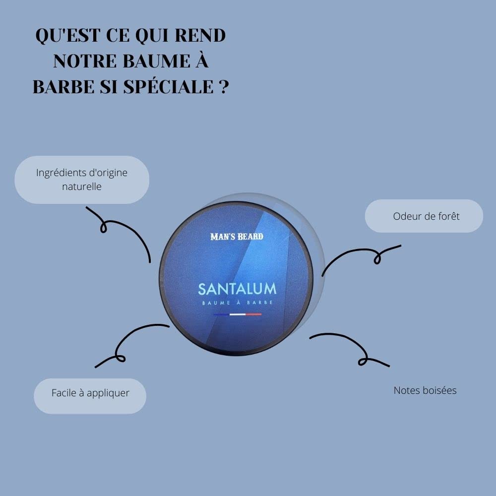 Man's Beard | Baume à barbe |Odeur Boisée SANTALUM |Soin homme pour la barbe hydratant et adoucissant| Ingrédients d'origine naturelle|100% Fabriqué en France|90 ml