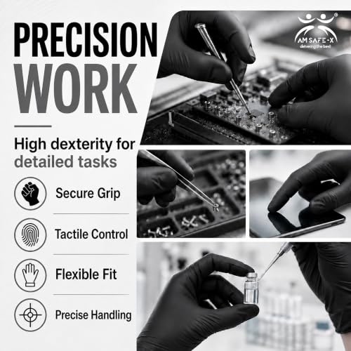 Image of AM SAFE-X Powder Free Black Nitrile Hand Gloves 80pcs Large | Food Grade Heavy Duty Disposable Gloves | Textured Grip| Single Use | Cleaning, Kitchen, Tattoo, Salon, Automotive & Examination Gloves