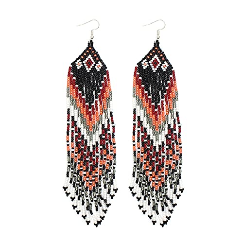 Handmade Beaded Native Style Black Red Peach Long Hook Earrings