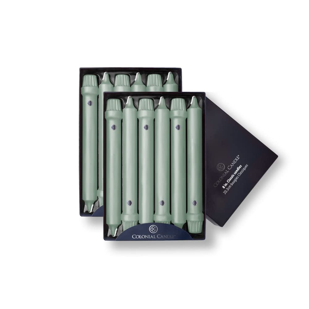 Colonial Candle Unscented Taper Candle, Classic Collection, Colonial Classic Green, 8 in, Pack of 12 - Up to 6 Hours Burn