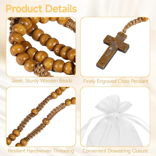 Lnrueg 48 Pcs Wooden Bead Rosary Necklaces with Organza Bags, Jesus Cross Pendant Rosary Necklace, First Communion Beads, Catholic Gifts Baptism Favors, 4 Colors3