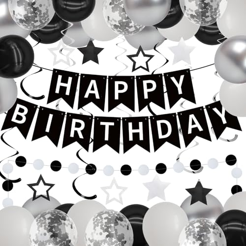 Image of ZHENGYE Black Birthday Party Decorations Set: Happy Birthday Banner, Circle Dots, Stars Swirls Streamers, Black, White & Silvery Balloons, Confetti Balloons