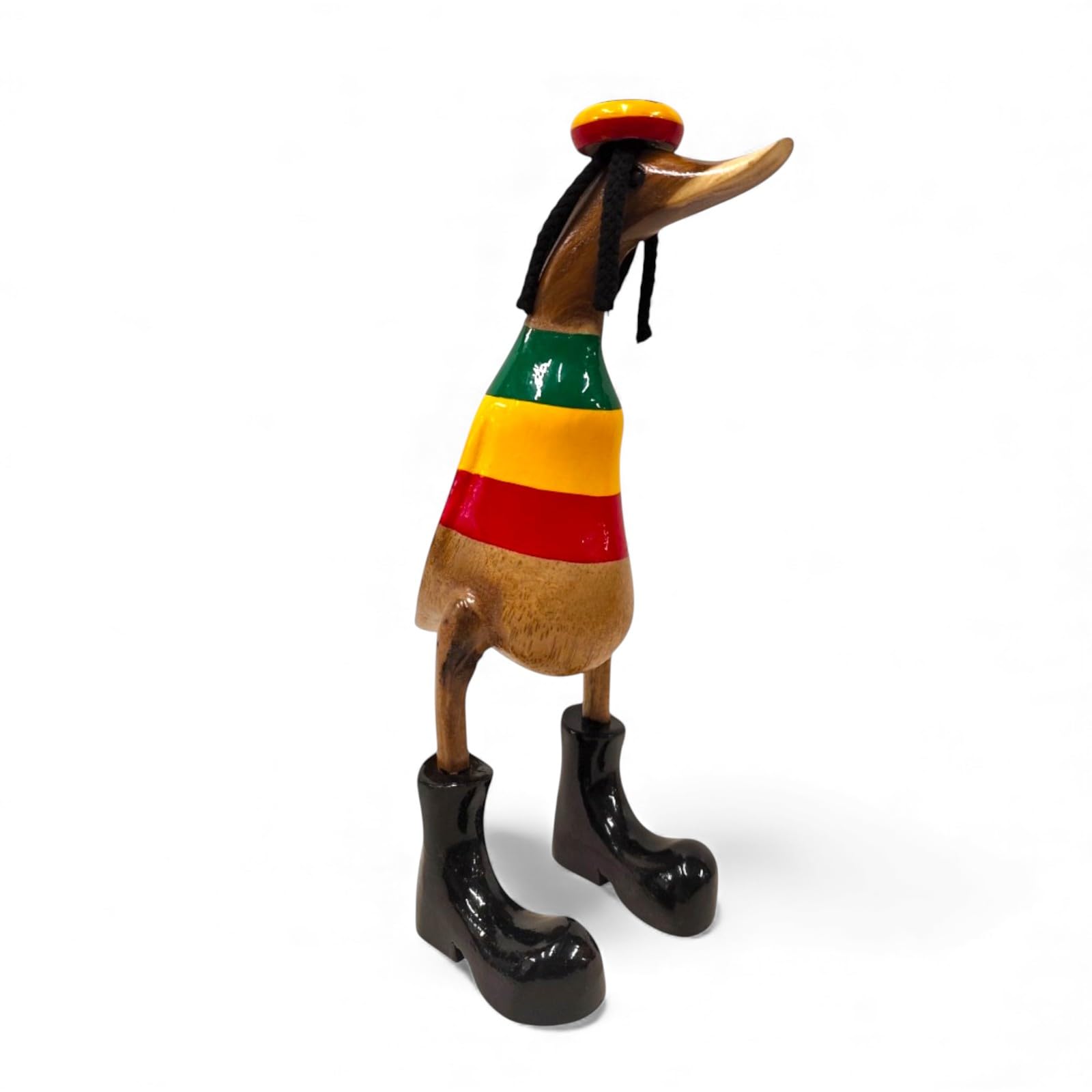 Kinaree Rasta Deko Ente aus Bambus – Handgeschnitzt mit Mütze & Dreadlocks – Originelle Holzfigur – Massivholz Dekoration – Jamaika Stil – ca. 27 cm – Unikat