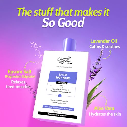 Image of Chemist At Play Epsom Salt Body Wash | Relaxes Muscle Stiffness | Eases Post Workout Soreness | Reduces Stress | 2% Epsom Salt, Lavender Oil & Aloe Vera Extract | pH Balanced | For Men & Women | 236ml