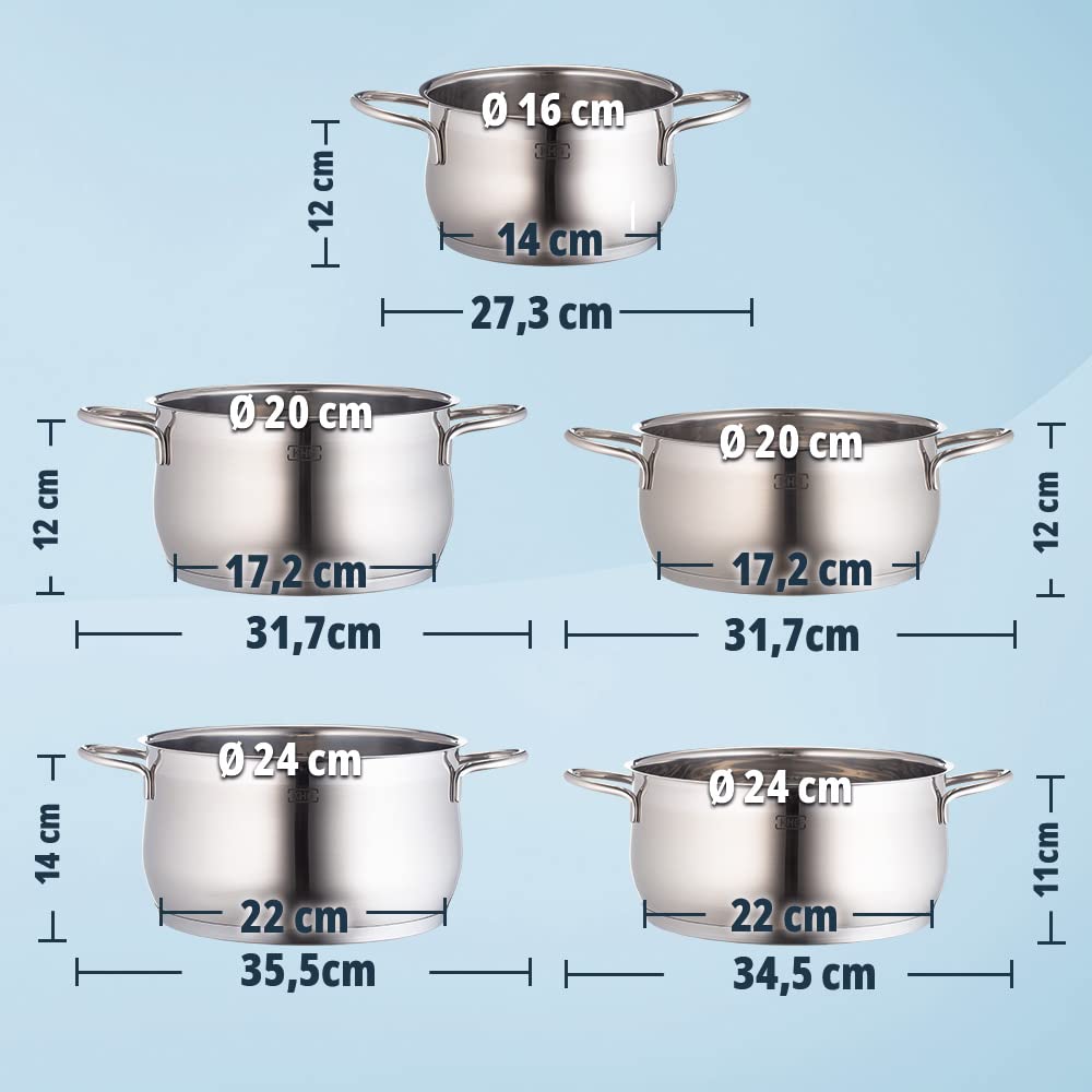 KHG Topfset Induktion aus rostfreiem Edelstahl | 5-teilig inklusive Glasdeckel mit Dampfloch | Kochtöpfe mit 1,5-5 Liter Fassungsvermögen und Innenskalierung