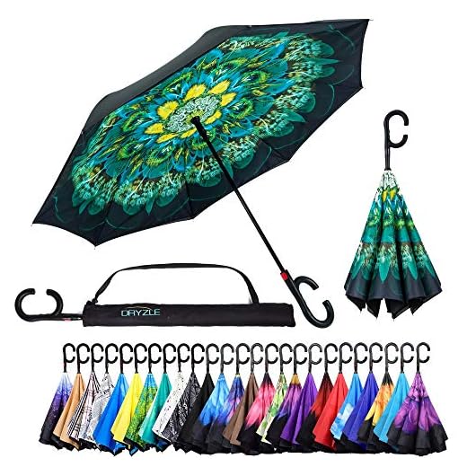 Reverse Inverted Inside Out Umbrella - Upside Down UV Protection Unique Windproof Brella That Open Better Than Most Umbrellas, Reversible Folding Double Layer (Peacock, 23 Inch X 8 Panels)