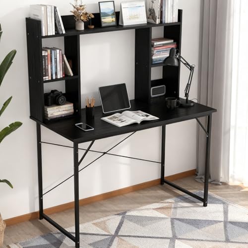 Amazon | N&S ワークデスク ラック付き 幅120cm ブラック スチール脚