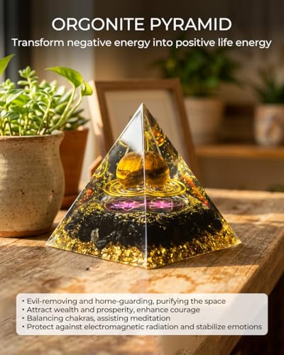 Image of Orgone Pyramid with Healing Crystals - (Space - Planets) - Golden Obsidian Energy Generator for Positive Vibe, Stress Relief & Chakra Reiki Meditation - Spiritual Gift for Success, Wealth & Prosperity