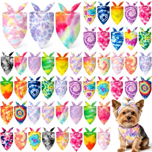 Image of Abbylike 50 Pieces Tie Dye Dog Bandanas Bulk Colorful Hippie Pattern Dog Bandanas for Dogs Triangle Kerchief Scarf Bibs Set for Pets Summer Party Costume Accessories, 25 Styles (19.7 x 13.8 x 13.8)