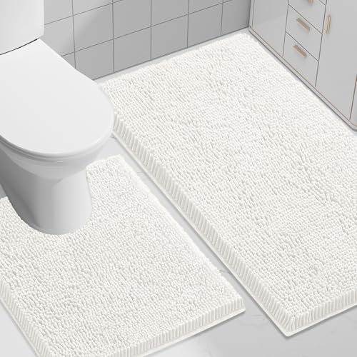 Image of Smiry Bathroom Rugs Set 2 Piece, Soft Absorbent Chenille Bath Mat and U-Shaped Toilet Rug Set, Non Slip Shaggy Bath Carpet for Tub, Shower and Floor (30x20+24x20, Ivory)