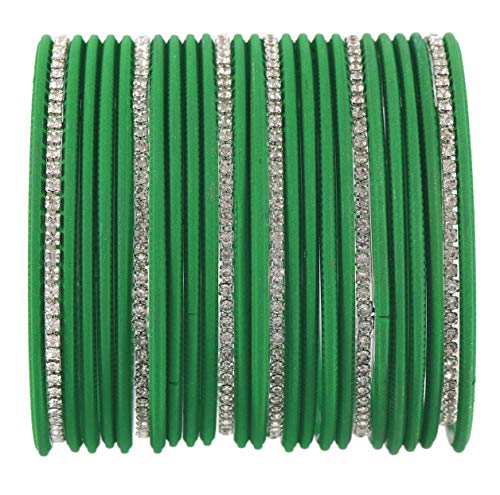 ZULKA Non-Precious Metal Base Metal with Zircon Gemstone Studded worked and Cutting Shaped Glossy Finished Bangle Set For Women and Girls, (Dark Green_2.4 Inches), Pack Of 26 Bangle Set
