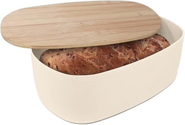 Joejis Eco-Friendly Bamboo Fibre Cream Bread Bin Space Saving Bread Bins for Kitchen with Multiuse Lid Retro Bamboo Bread Box Bread Container for keeping loaves & pastries fresh for longer