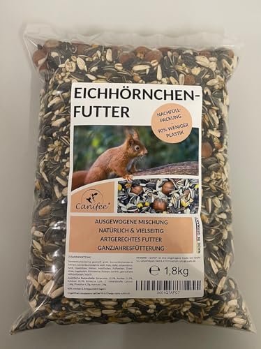 Canifee - Eichhörnchen Futter 1.8 kg Nachfüllpack artgerechtes Wildtierfutter ganzjährige Futtermischung - Nachfüllbeutel mit der extra Portion Haselnüsse - auch für Streifenhörnchen