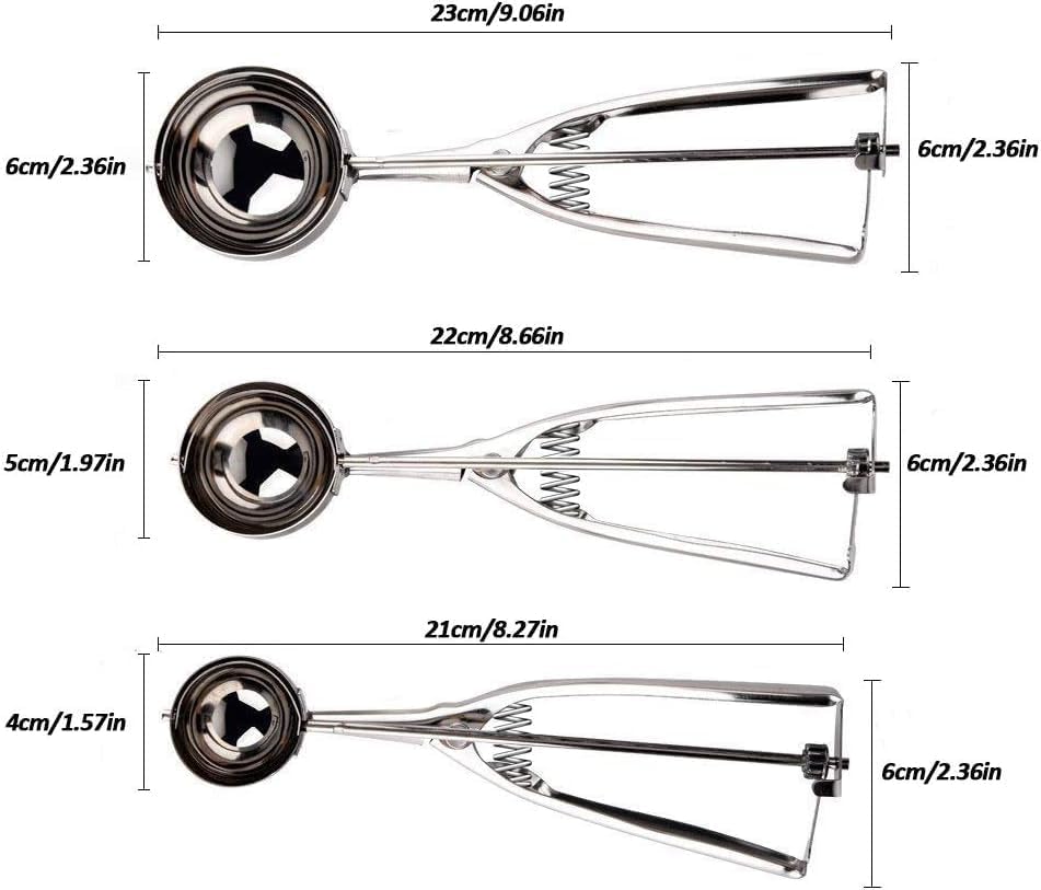 Miniatura 3 de Cuchara de helado, cucharas de galletas para hornear, cuchara de helado de acero inoxidable pulido, paquete de 3, cucharas de helado de diferentes