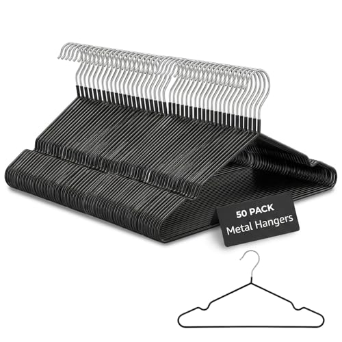 Rainberg Lot de 50 cintres en métal avec revêtement en Caoutchouc de qualité supérieure, très résistants, Peu encombrants, pour armoires, Porte-Manteaux,...