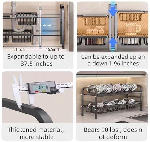 Under Sink Organizer，2 Tier Expandable Heavy Duty Metal Shelf，with 5 Removable Panels and 5 Storage Basket for Under Kitchen Bathroom Sink Organizers and Storage(Black, Large) - Image 3
