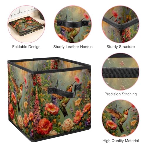 Boîte de rangement de jardin colibris grand cube imprimé avec double poignées
