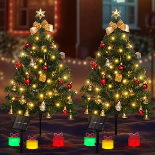 2 Pack Solar Mini Christmas Tree Decorations Lights 30 Inch 8 Flashing Modes Waterproof Xmas Decor 60 LED Lights with Ornaments 6 Gift Boxes for Yard Garden (2 Pack Warm White Green Tree)