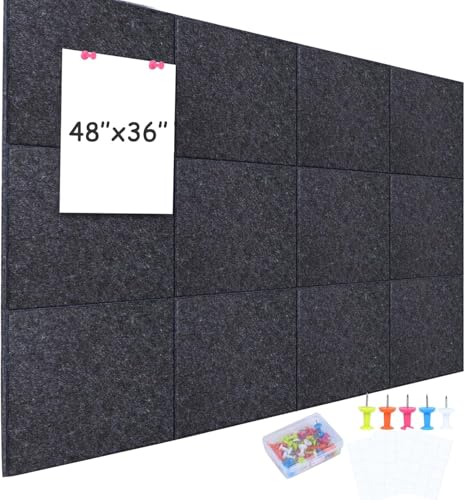 testyu Paquete de 12 Corcho Pared Autoadhesivo, Azulejos de Fieltro Grandes con Chincheta, Tablones de Anuncios de Reducción de Ruido Alternativos para Tablero de Corcho (30x30cm), gris