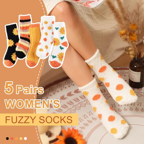 Image of floconssy Fuzzy Socks for Women Gifts, Fluffy Cozy Plush Soft Slipper Socks for Fall Winter Christmas Warm Home 5 /6 Pairs