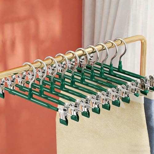 10Pack Trouser Hangers -Skirt Hangers with Adjustable Non Slip Clips Strong Chrome- Space Saving Pant Hangers Heavy Duty Metal Hangers for Shorts Jeans Trousers Clothes Hangers (Green 10PCS)
