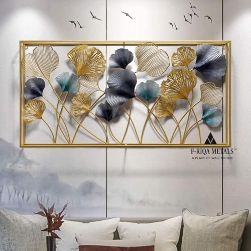 Image of F-RIQA METAL A PALACE OF WALL UNIQUE Luxury Metal Leaf Wall Art for Living Room - 3D Designer Floral Wall Decor with Gold, Teal & Grey Finish, Handcrafted Modern Rectangular Wall Hanging for Home, Bedroom, Hallway, Office & Hotel Interiors, Elegant Contemporary Statement Wall Decoration