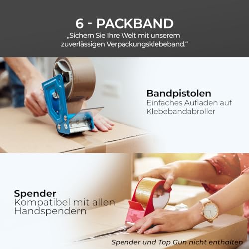 Stick Well Verpackungsklebeband, Industrieklebeband für Pakete, 6 Rollen Paketklebeband geringer Geräuschentwicklung – 48 mm x 66 m, stark klebendes braunes Klebeband zum von Kartons, Umzugskartons