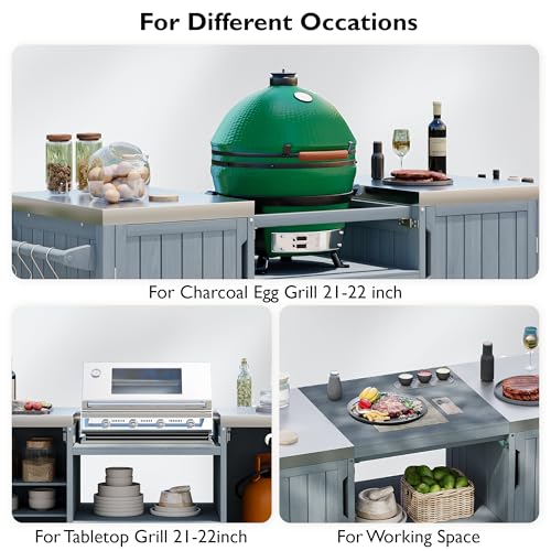 Image of Merax 66.5 inch Outdoor Kitchen Island for Big Green Egg Grills, Solid Wood Outdoor Grill Cart for Tabletop Grill with Stainless Steel Top, Drawer, Compatible with Kamado Joe,Grey Blue