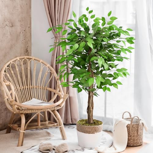 Image of 5ft Ficus Artificial Trees with Natural Curved Trunks, 60 inch Tall Lush Faux Tree for Home Decor Indoor, Green Lifelike Fake Ficus Tree Artificial Plants